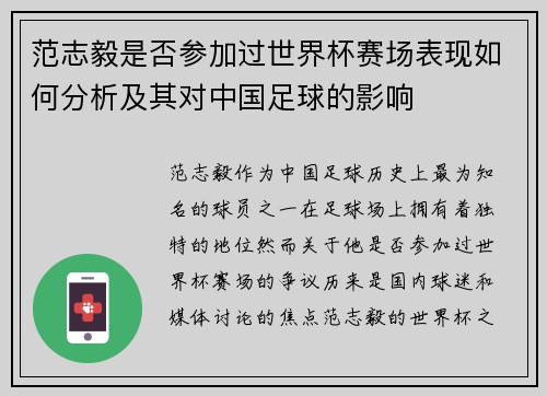 范志毅是否参加过世界杯赛场表现如何分析及其对中国足球的影响